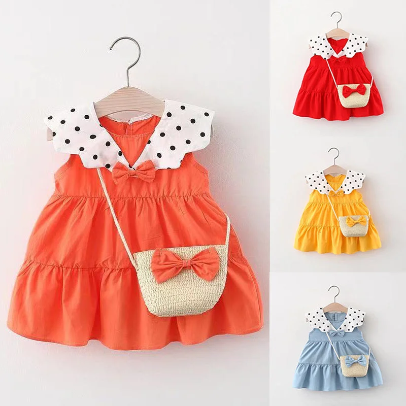 Baby Girls Polka dots Bow Print Dresses And Bag Wholesale 220330159