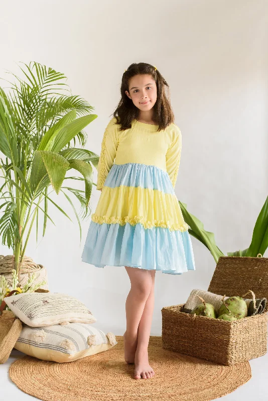 Sunset at Alleppey- Blue & Yellow Organic Cotton Tiered Dress For Girls