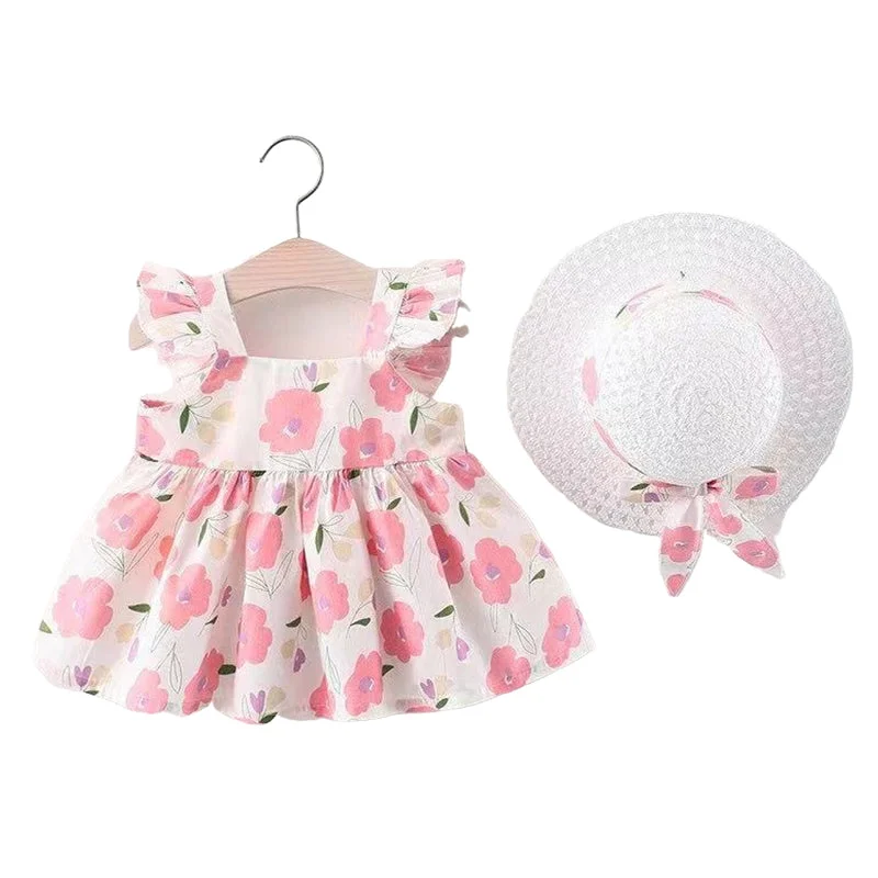 Baby Kid Girls Flower Embroidered Print Dresses And Hats Wholesale 220330125