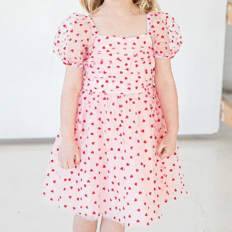 Girl's Pink Tulle and Red Hearts Puff Sleeve Dress with Ruched Chest Detail