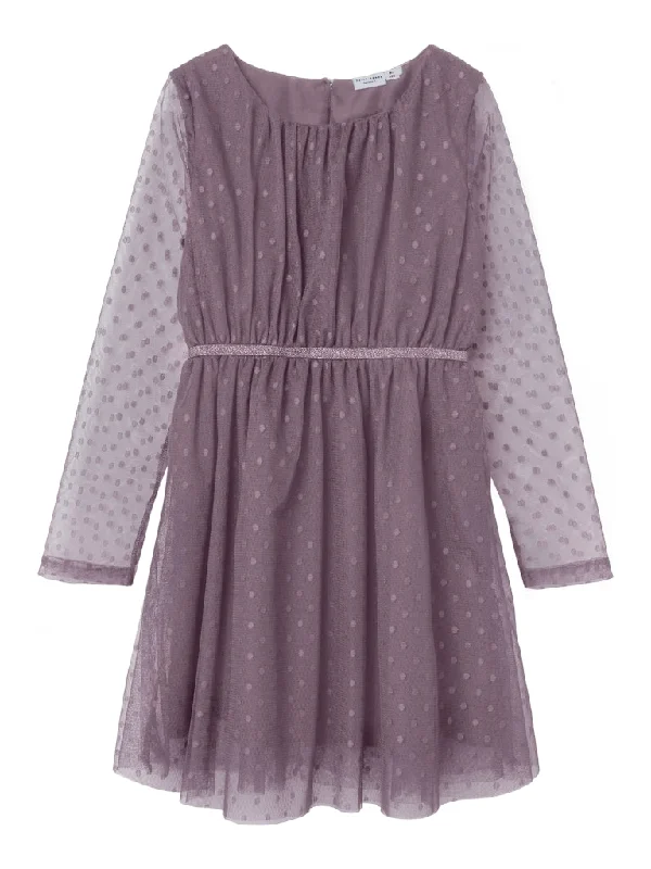 Name it Girls Long Sleeved Chiffon Polka-Dot Dress - Mauve